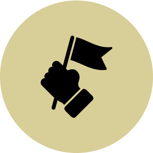 Hand holding flag icon on beige background.