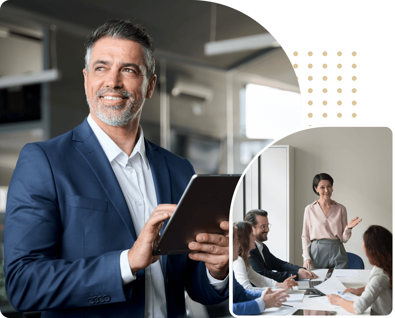 Man with tablet, woman leading a meeting.